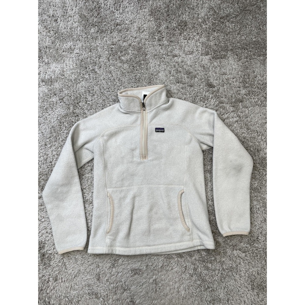 Patagonia Fleece Sweater Girls Large 12 Ivory 1/4 Zip Synchilla Pullover Pockets